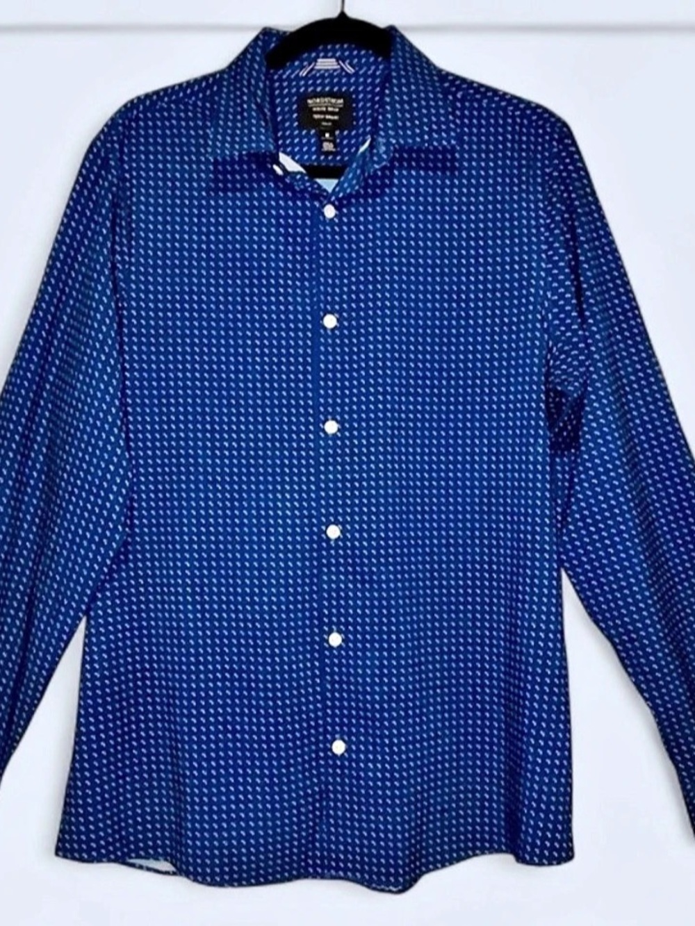 Nordstrom Men's Shop Tech-Smart Trim Fit Print Dress Shirt Blue & White Size